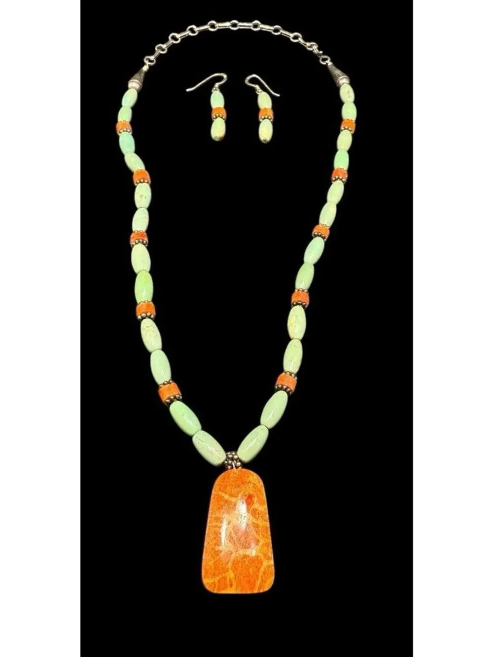 Native American Turquoise Coral Beaded Jewelry Set Necklace Earrings Ethnic